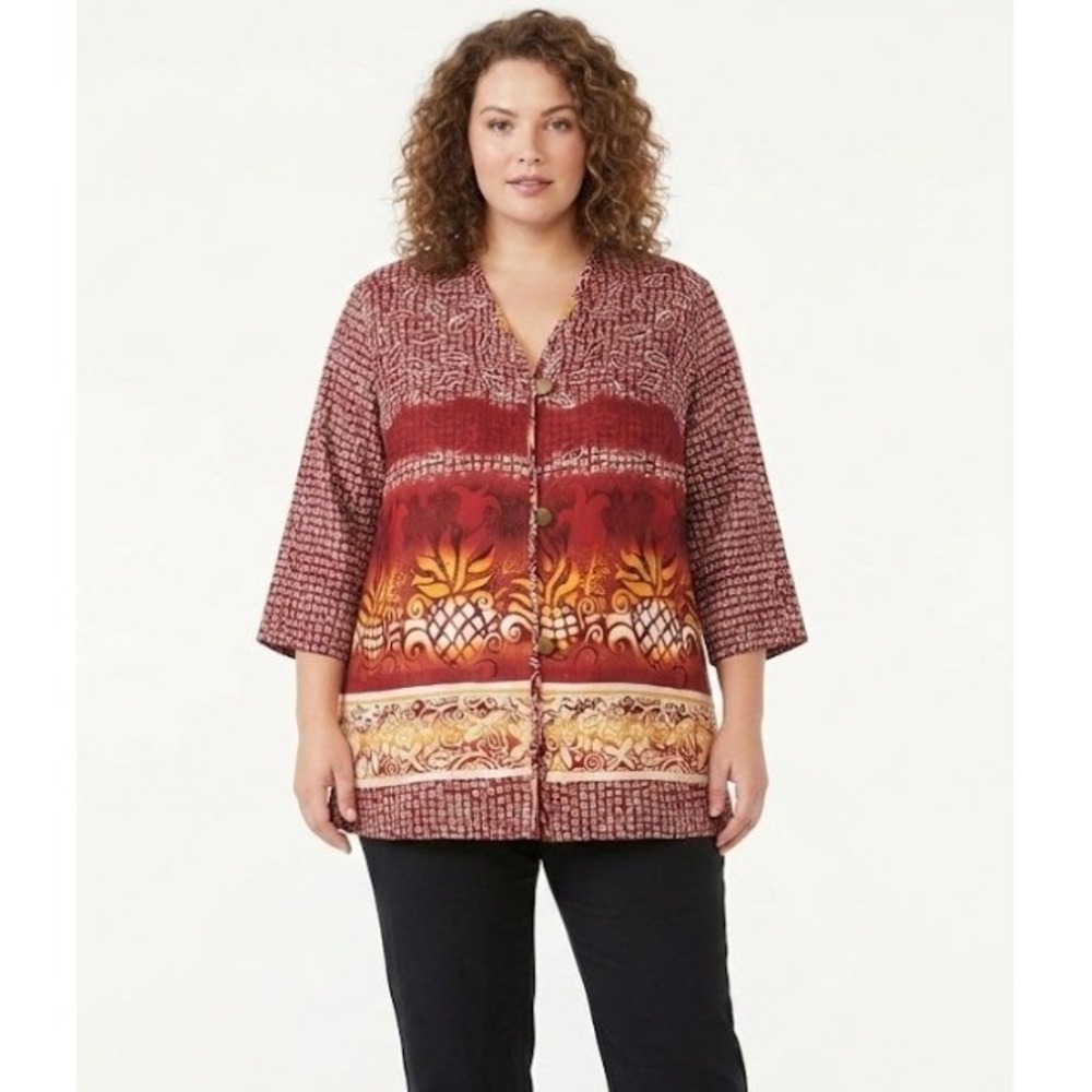 Carole Little size 20W Pure Silk Abstract Pineapple 3/4 Sleeve Light Jacket